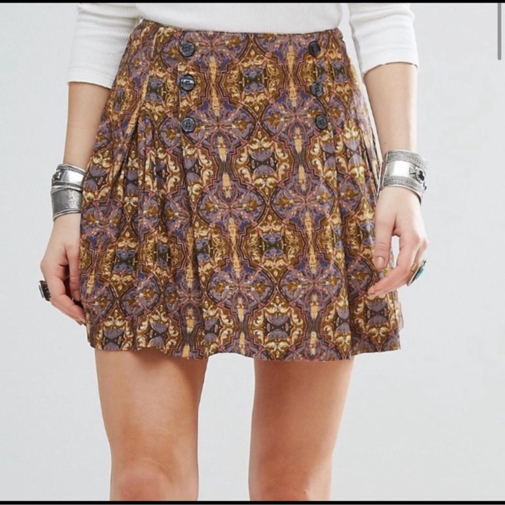 Free People Lovers Lane Pleated Mini Skirt Button Detail Sz 2 Side Zip